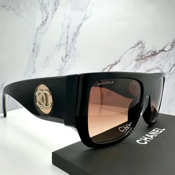 CHANEL Sunglasses Black Square Shield Gold CC Gradient Brown Lens - Picture 4 of 16